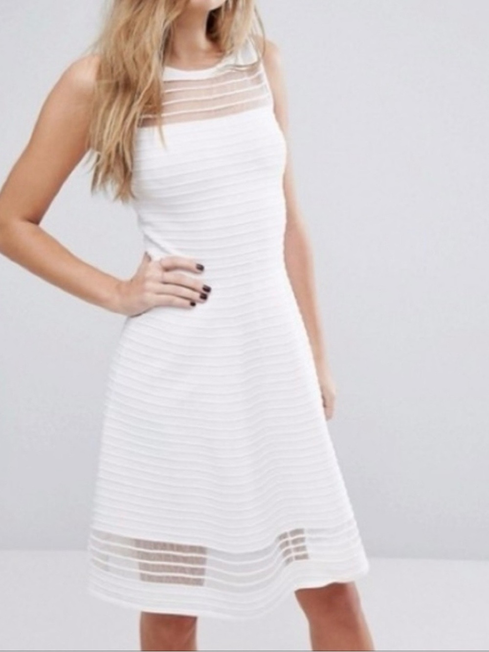 French Connection White Sleeveless Midi Dress with Sheer Stripe Panels